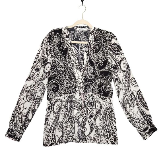 ROBERT GRAHAM Black Artsy Paisley Silk Tie Front Long Sleeve Blouse SIZE LARGE - Picture 1 of 9